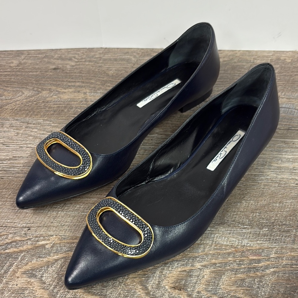 Oscar de la Renta Navy Leather Embellished Flats  Pointed Toe | EU 40 / US 9.5